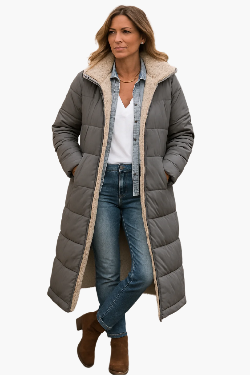 Damen Langer Steppmantel mit Warmem Teddyfutter – Stilvoller Wintermantel für Alltag & Freizeit