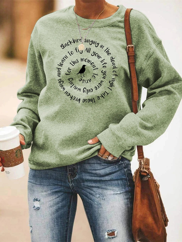Sweatshirt Damen Rundhals Langarm mit "Blackbird" Schriftzug Druck