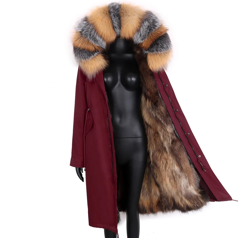 Langer Damen Winter Parka mit Kapuze und Pelzbesatz, warm gefüttert