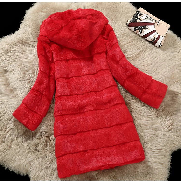 Damen Mantel mit Kapuze Rosa Faux Fur Optik Langarm