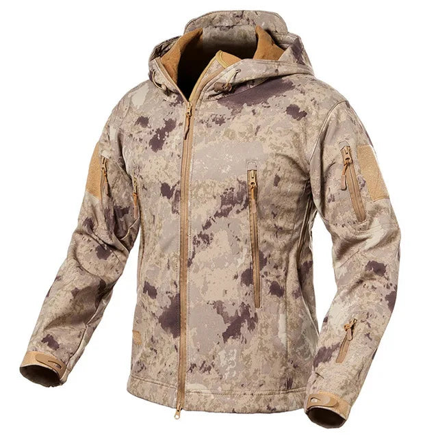 Herren Softshell Outdoor Jacke mit Kapuze und Reißverschlusstaschen Tarnmuster