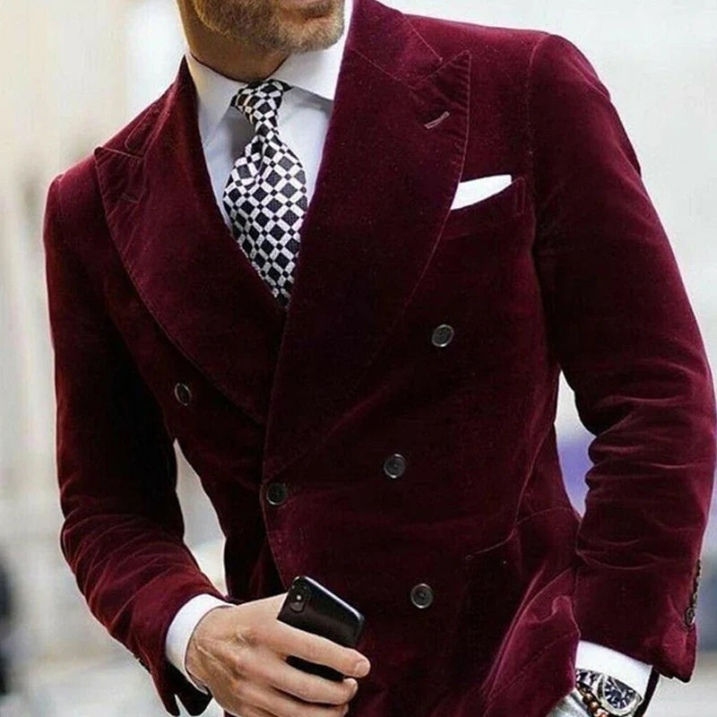 Herren Samt Doppelreihiges Sakko – Eleganter Business & Party Blazer