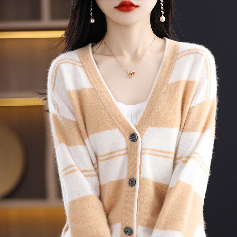Damen Streifen Cardigan mit V-Ausschnitt und Knopfleiste