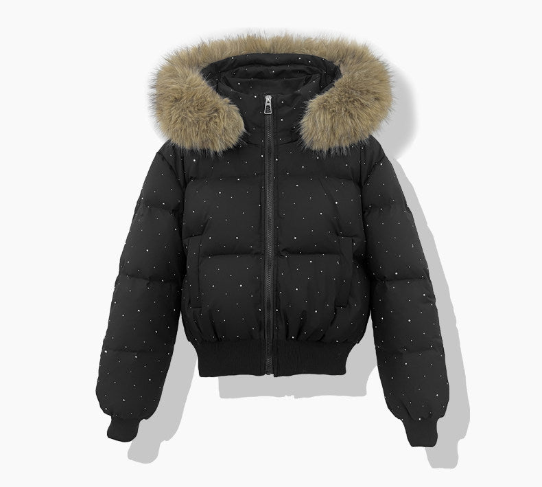 Kurze Pufferjacke für Damen mit Kunstfellkapuze und Glitzerdetails
