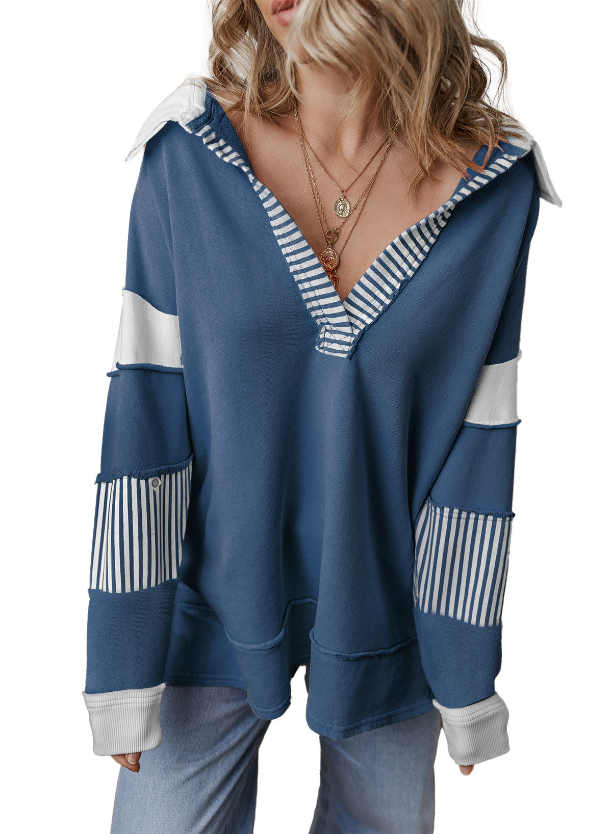 Damen Hoodie Pullover V-Ausschnitt Langarm Sweatshirt mit Streifenpatches