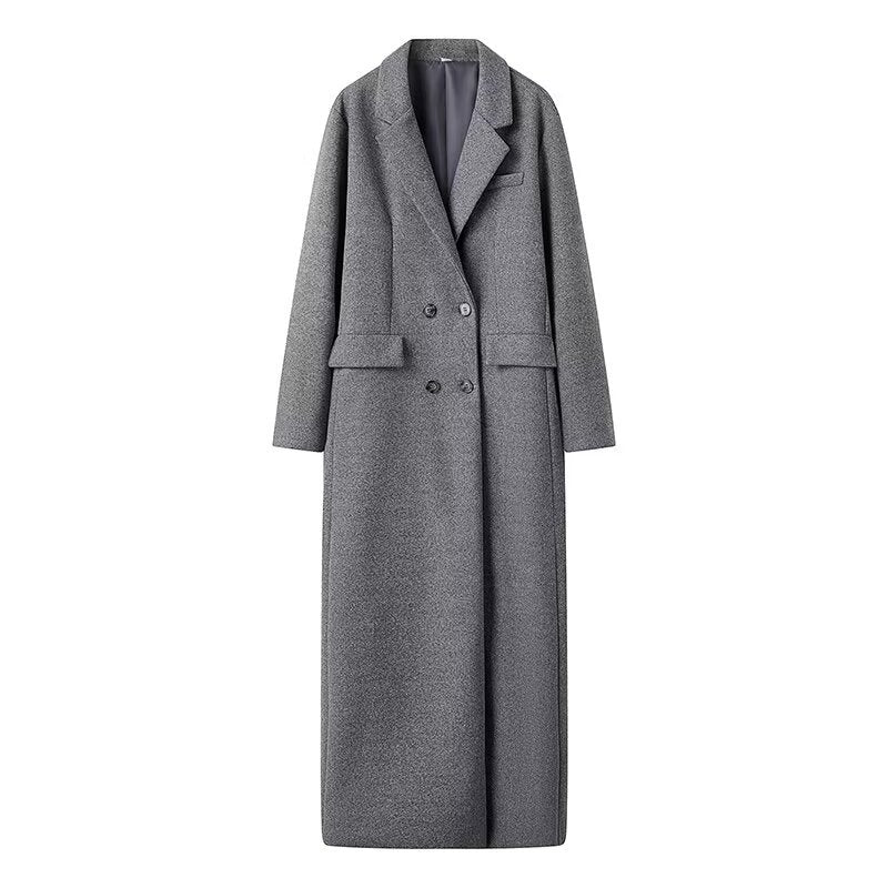 Grauer Maxi-Mantel Oversize Zweireiher Damen
