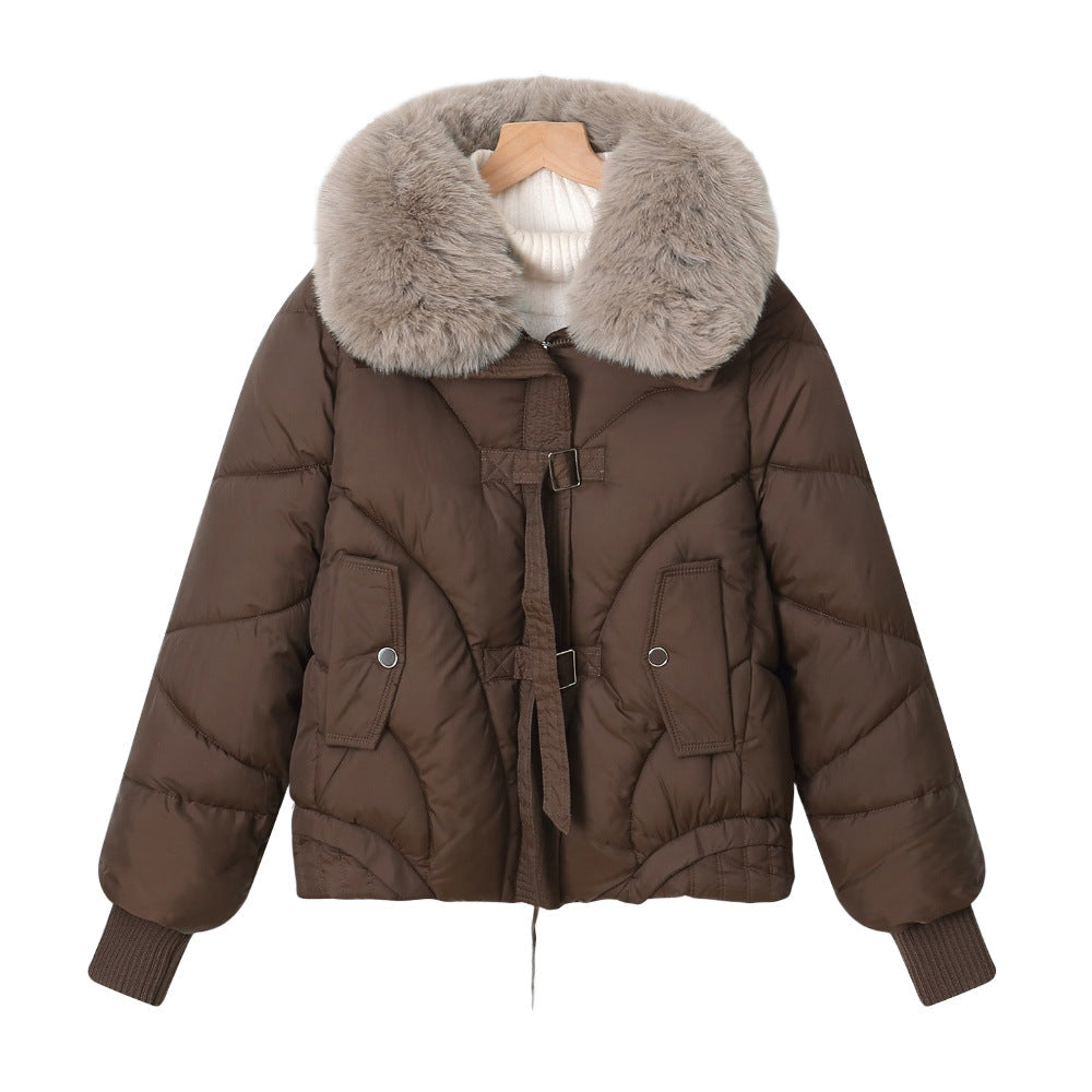 Damen Winter Steppjacke mit großem Fellkragen Kurz Wattierte Jacke