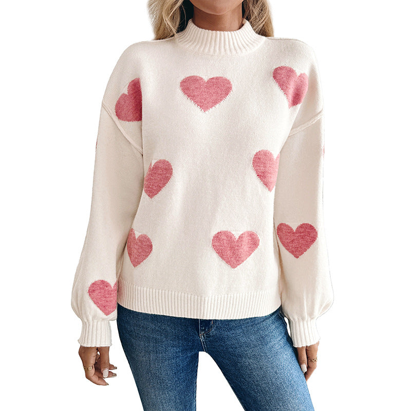 Damen Strickpullover Creme mit Rosa Herzmuster Hoher Kragen