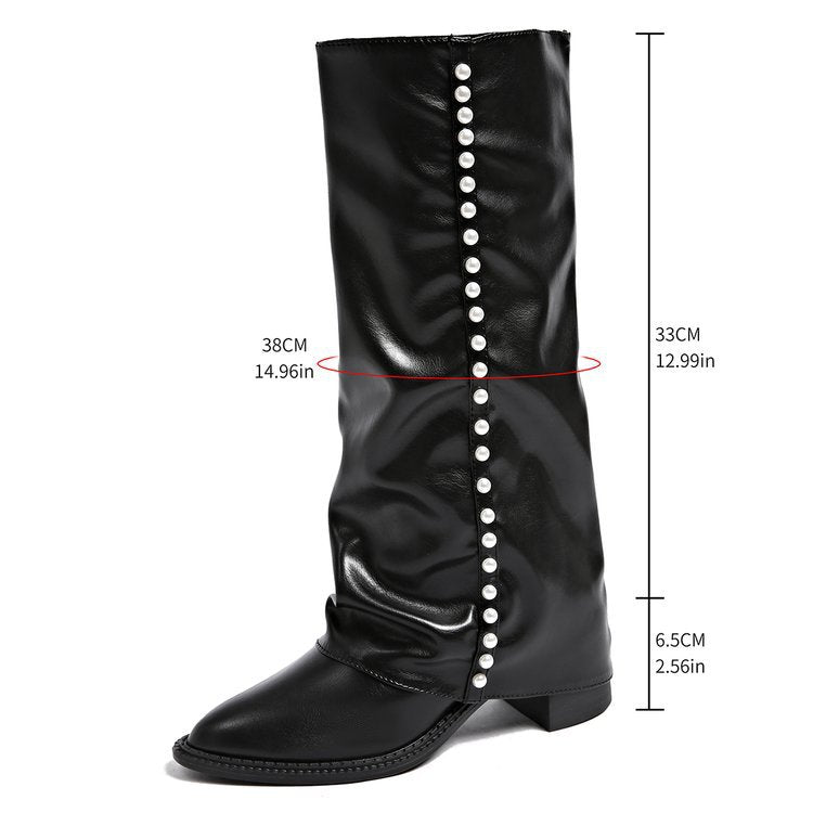Damen Stiefel in Knöchelhöhe mit Perlenbesatz, lockerer Schaft, Schwarz oder Braun