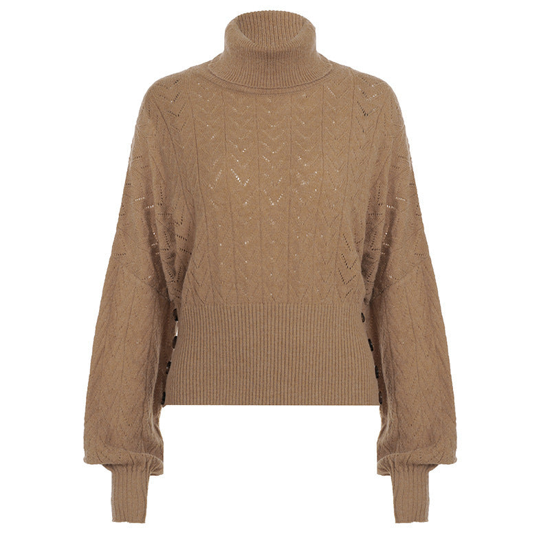 Damen Rollkragen Pullover in Khaki mit Lochmuster und Ballonärmeln