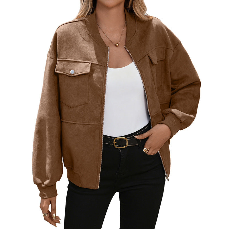 Damen Bomberjacke Braun mit Reißverschluss und Pattentaschen