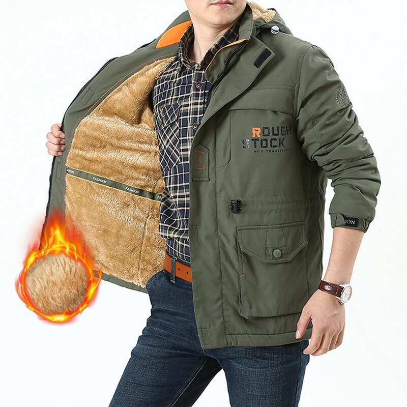 Herren Winterjacke mit Kapuze, Teddyfutter und Taschen, Warm Gefütterte Outdoor Jacke