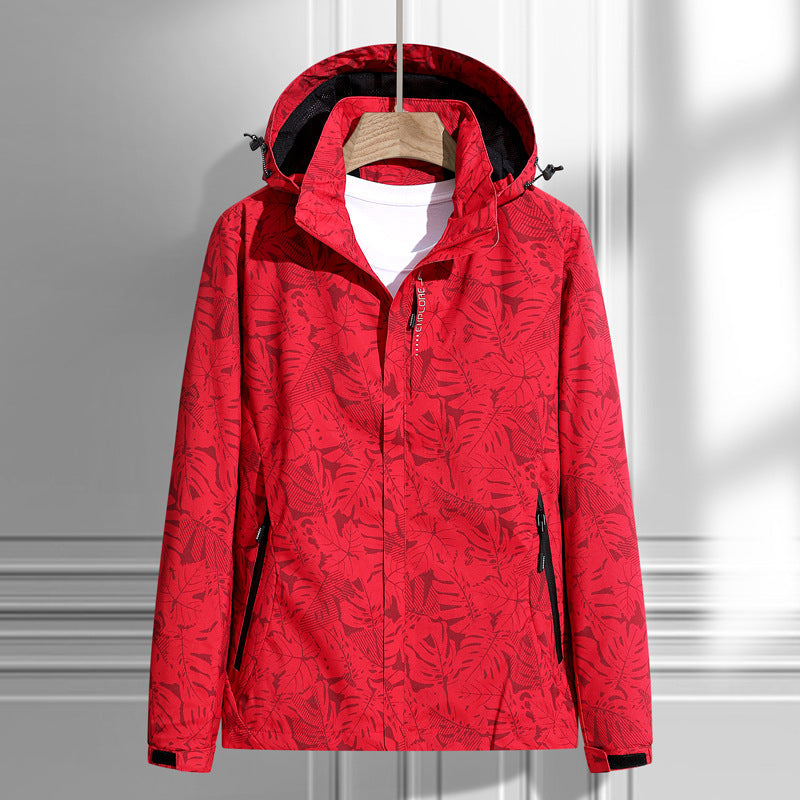 Leichte Outdoor Jacke mit Kapuze & Blattmuster Reißverschluss-Taschen für Damen & Herren