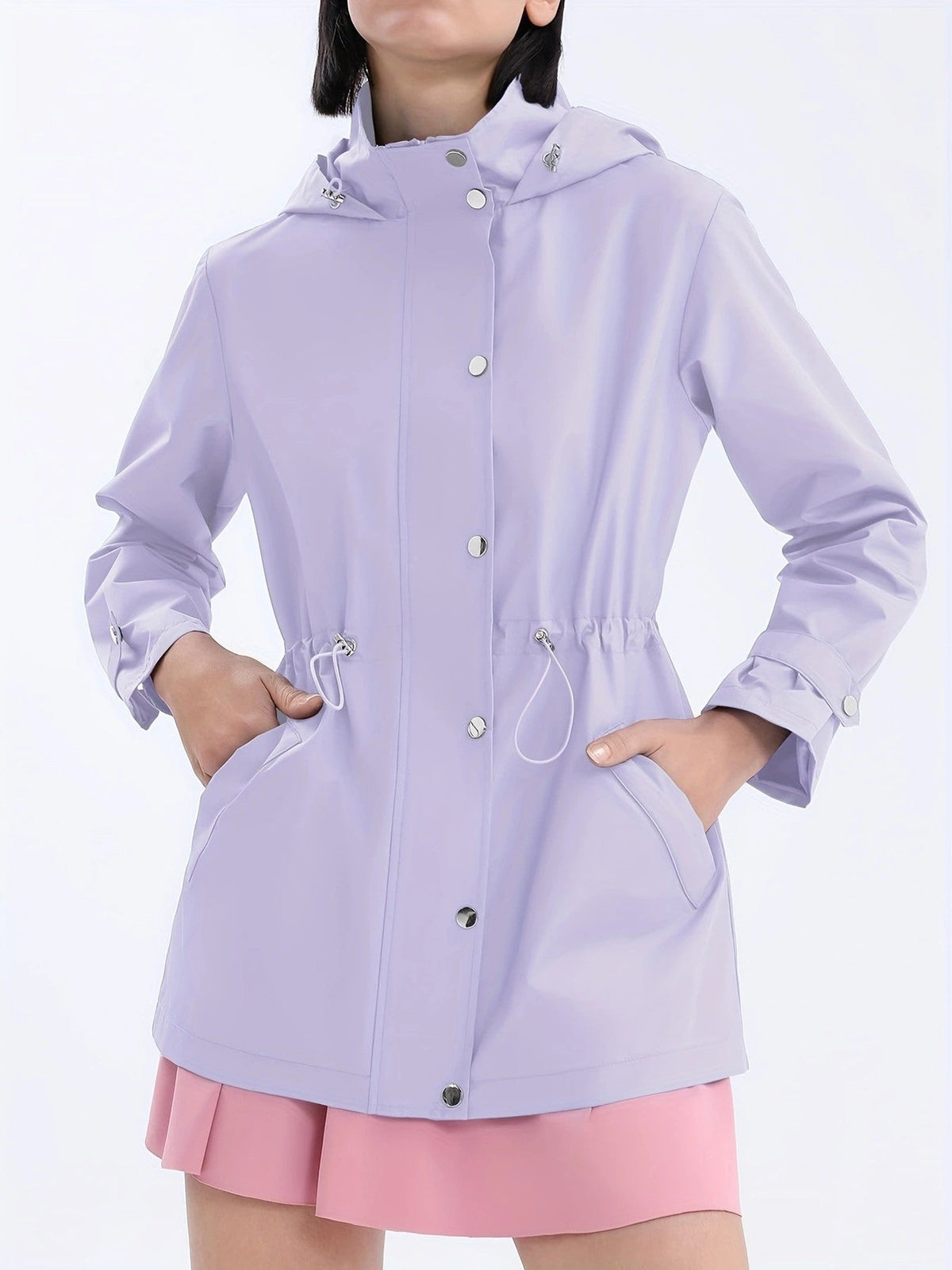 Damen Regenjacke mit Kapuze und Tunnelzug in Elfenbein, Schwarz, Lavendel oder Olivgrün