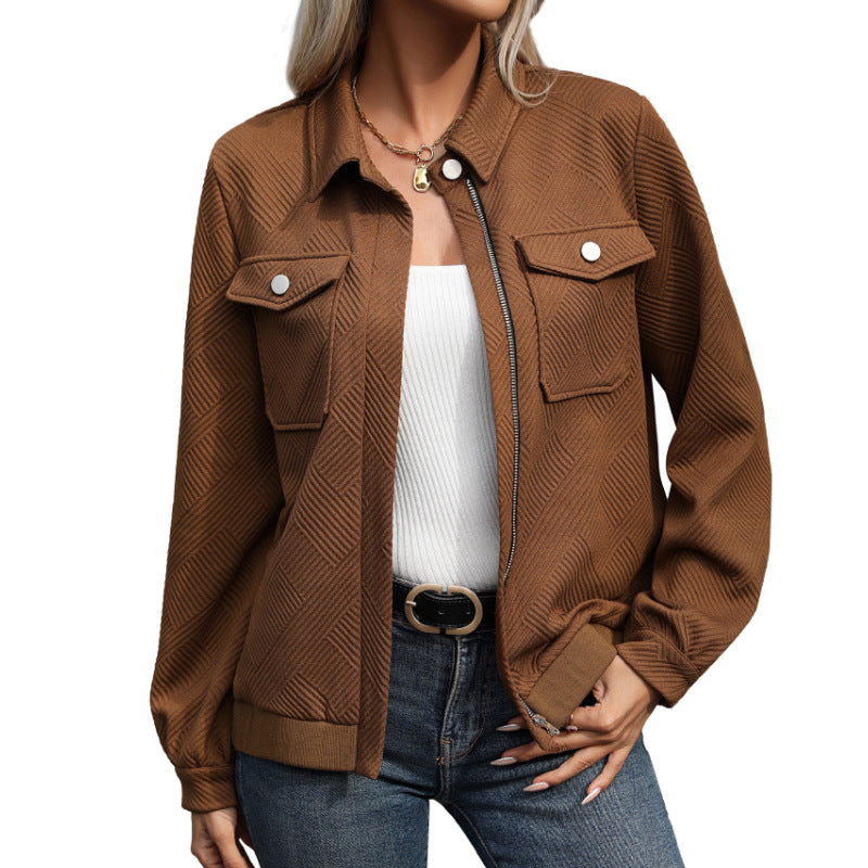 Damen Bomberjacke Braun mit Reißverschluss und Brusttaschen