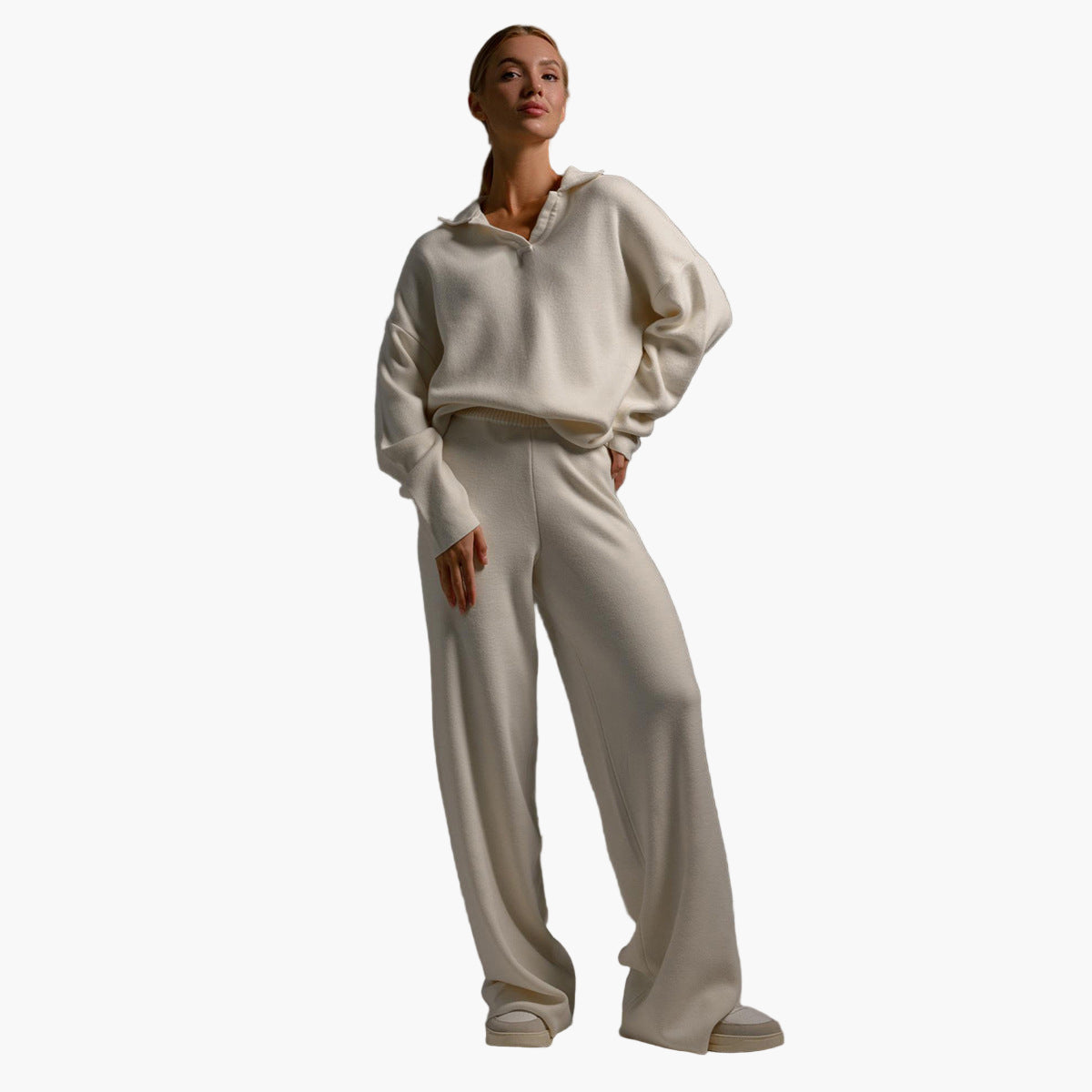 Damen Loungewear Set – Strick – Oversize Pullover mit Kragen und Weite Hose – Perfekt für Zuhause und Freizeit