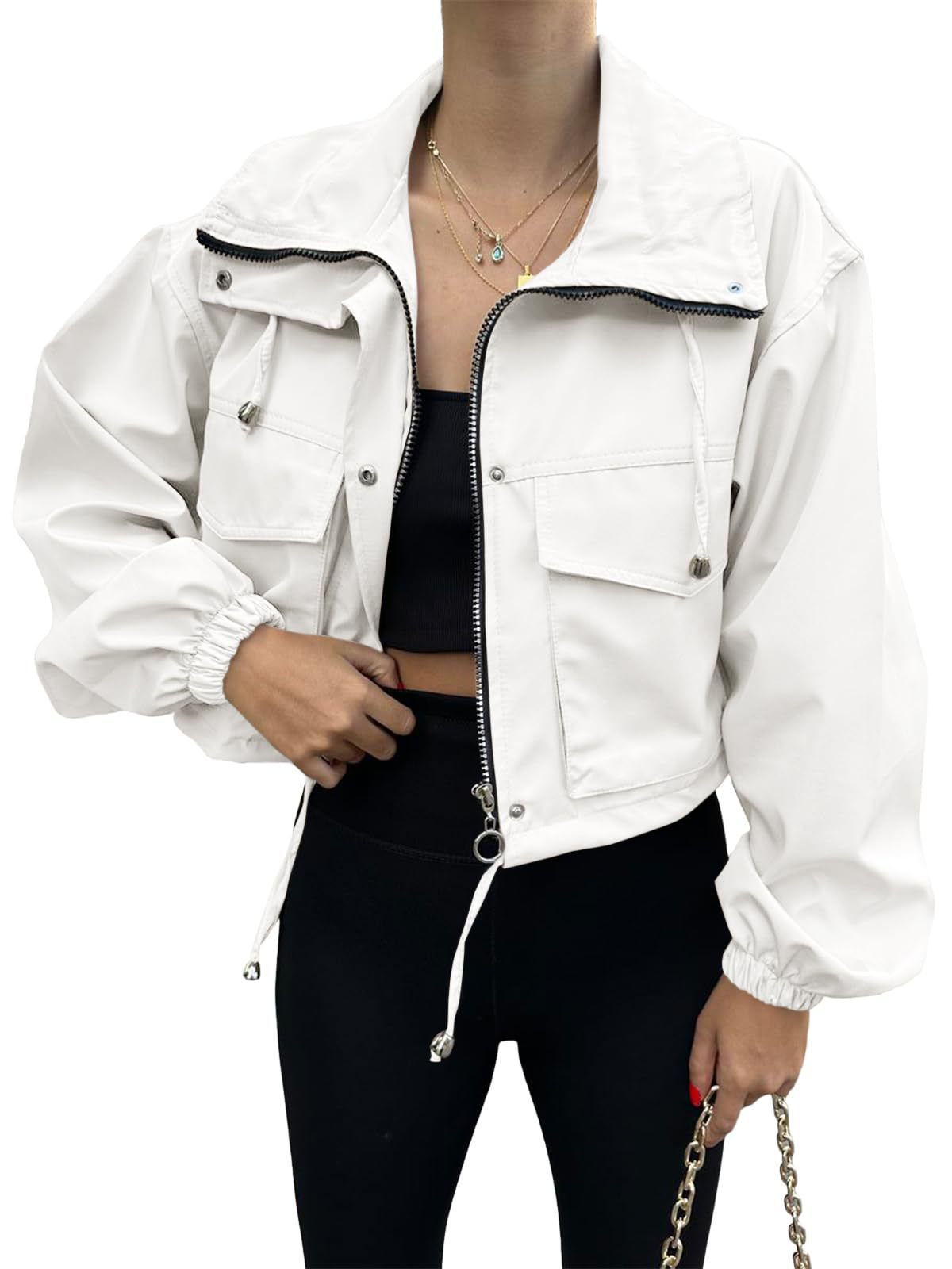 Kurze Damen Bomberjacke mit Stehkragen & Taschen