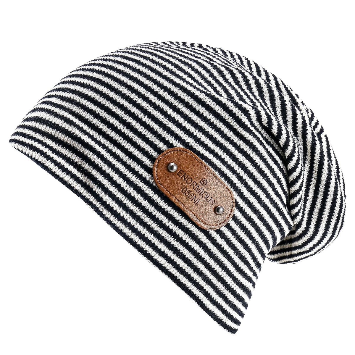 Slouch Beanie Mütze Gestreift mit Kunstleder-Patch