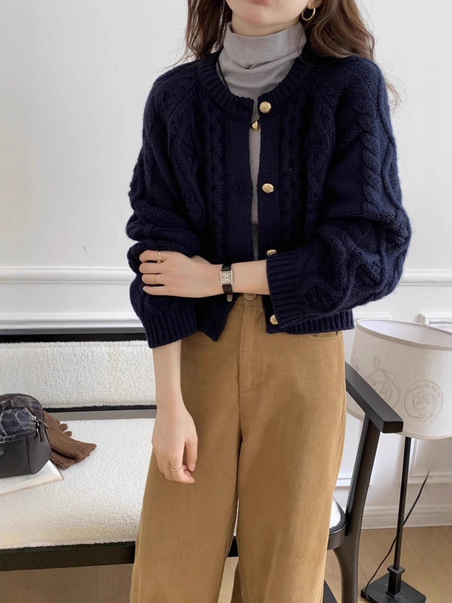 Damen Marineblaue Strickjacke mit Zopfmuster, kurze Passform