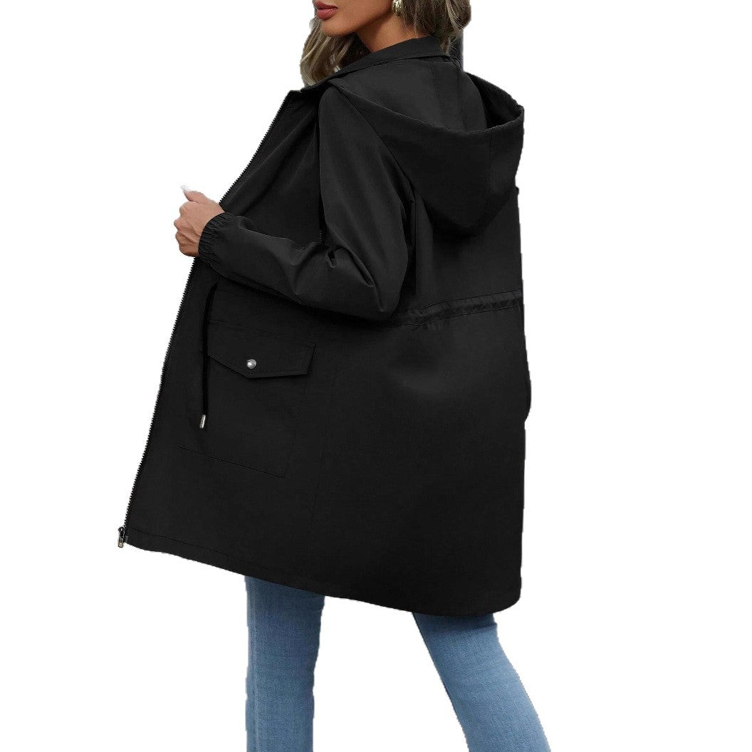 Damen Kapuzenjacke Schwarz mit Kordelzug in der Taille