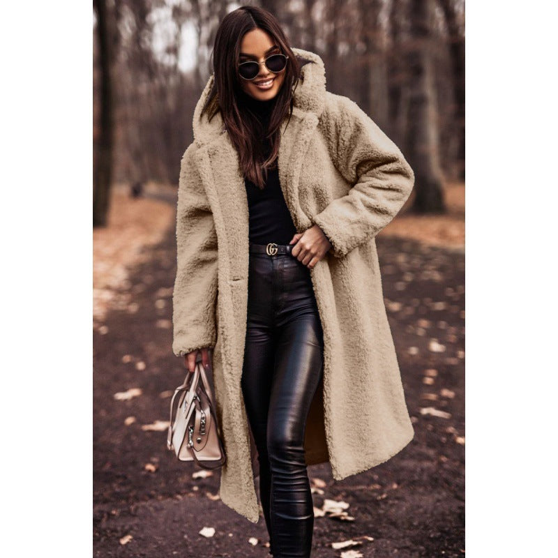 Damen Teddyfell-Mantel mit Kapuze – Langarm Wintermantel