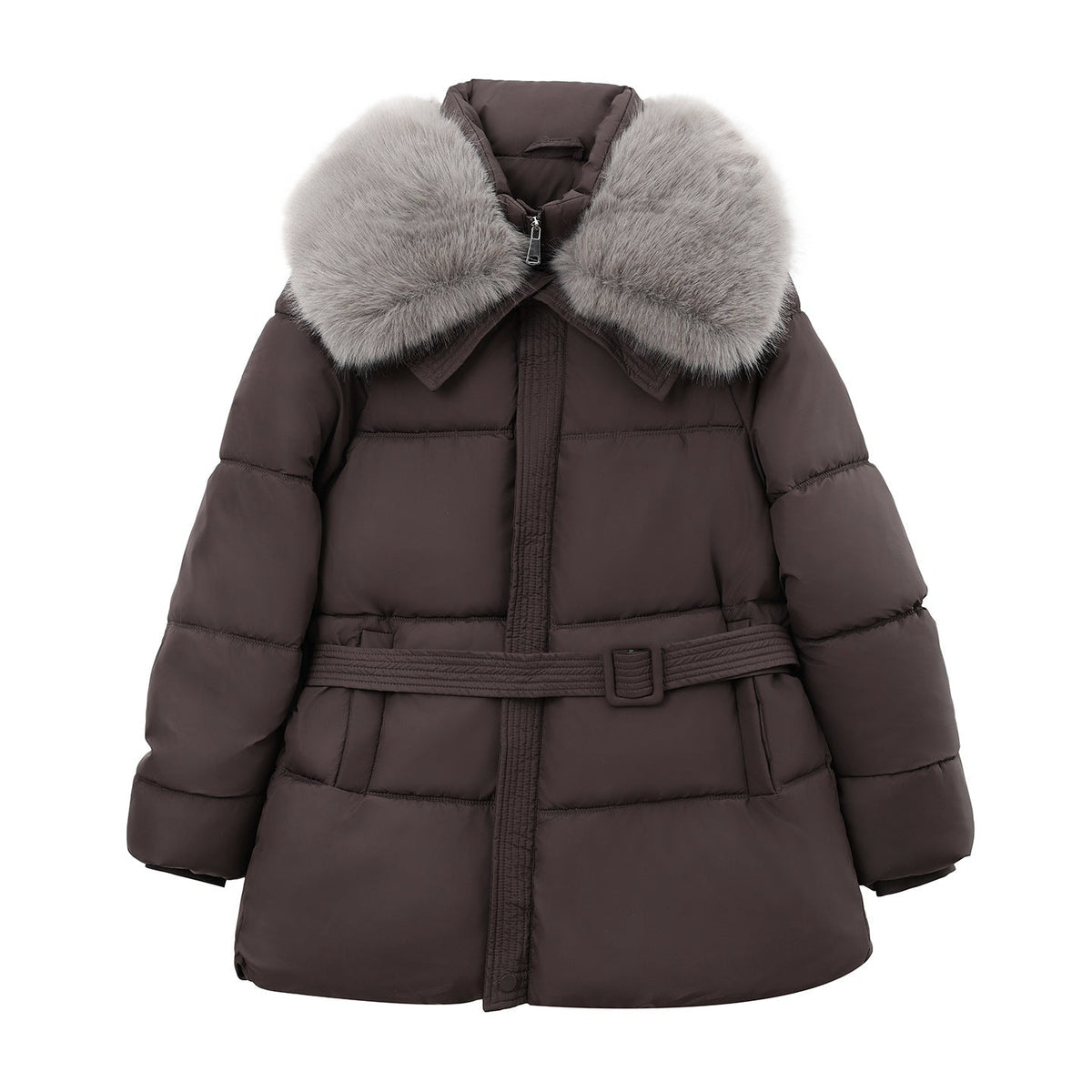 Damen Steppjacke Kurz mit Pelzkragen und Bindegürtel