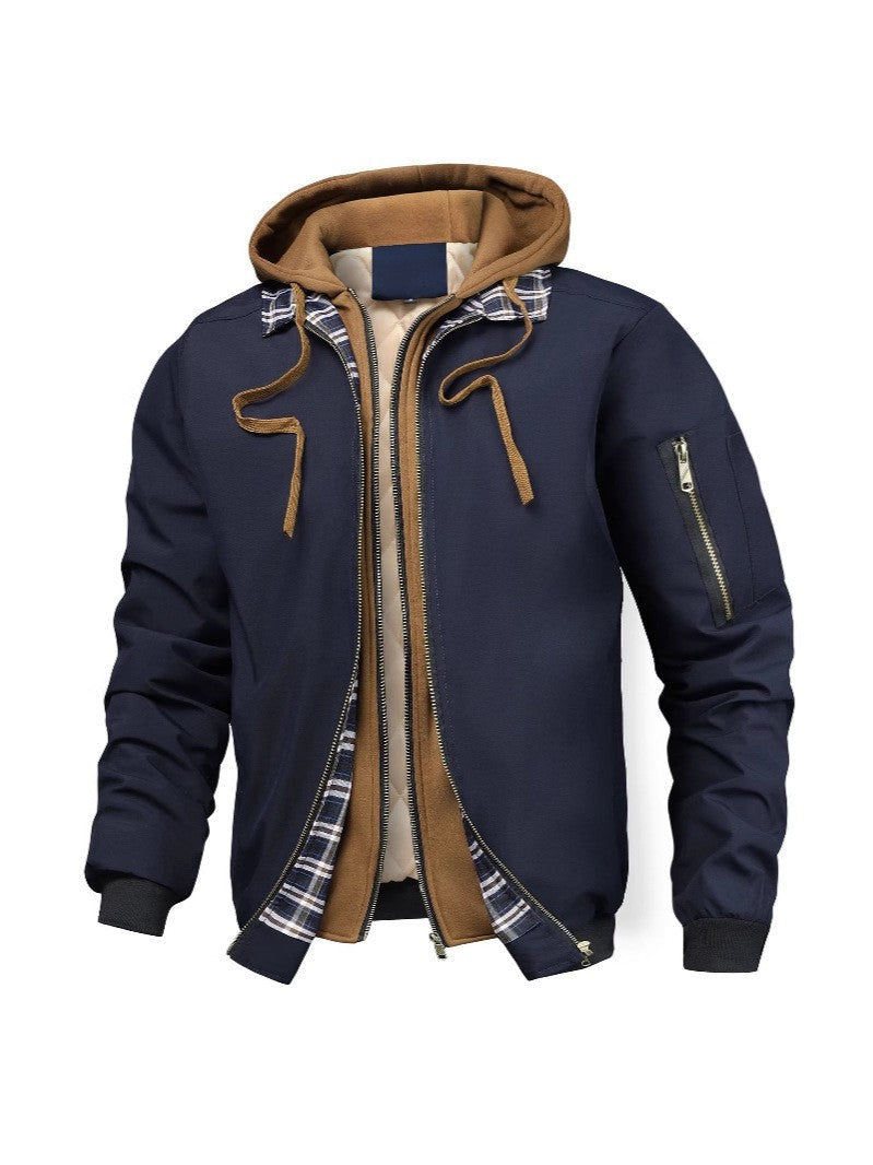 Herren Bomberjacke mit Kapuze und Karofutter - Schwarz