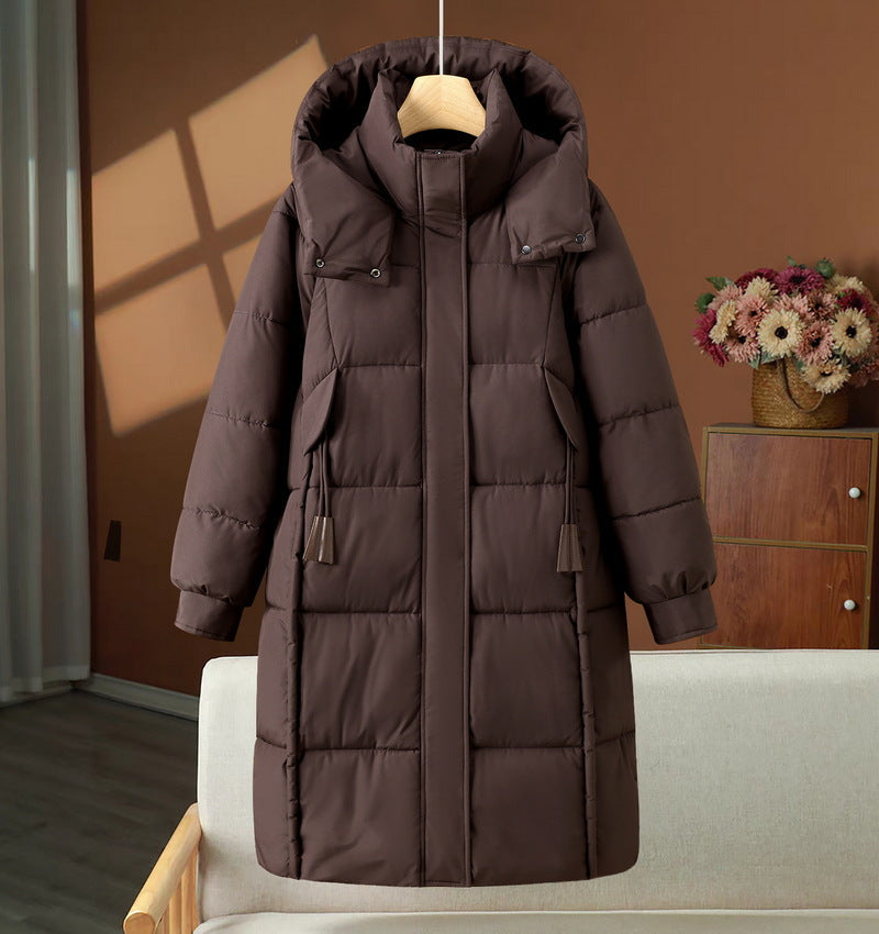 Damen Langer Winter Steppmantel mit Kapuze und Reißverschluss