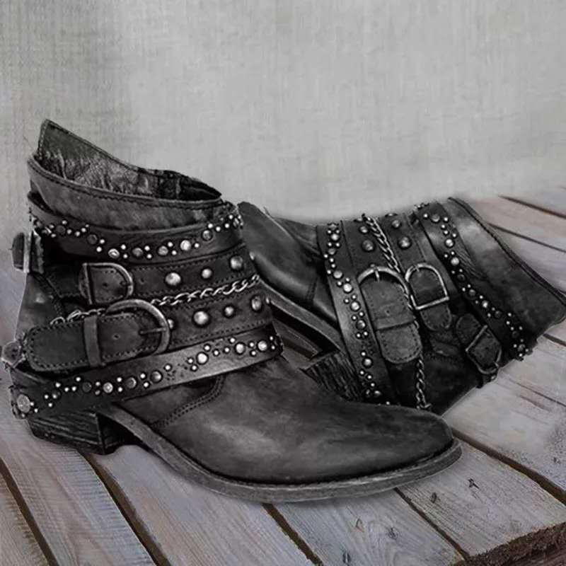 Damen Western Stiefel Vintage-Optik Ankle Boots mit Nieten und Schnallen