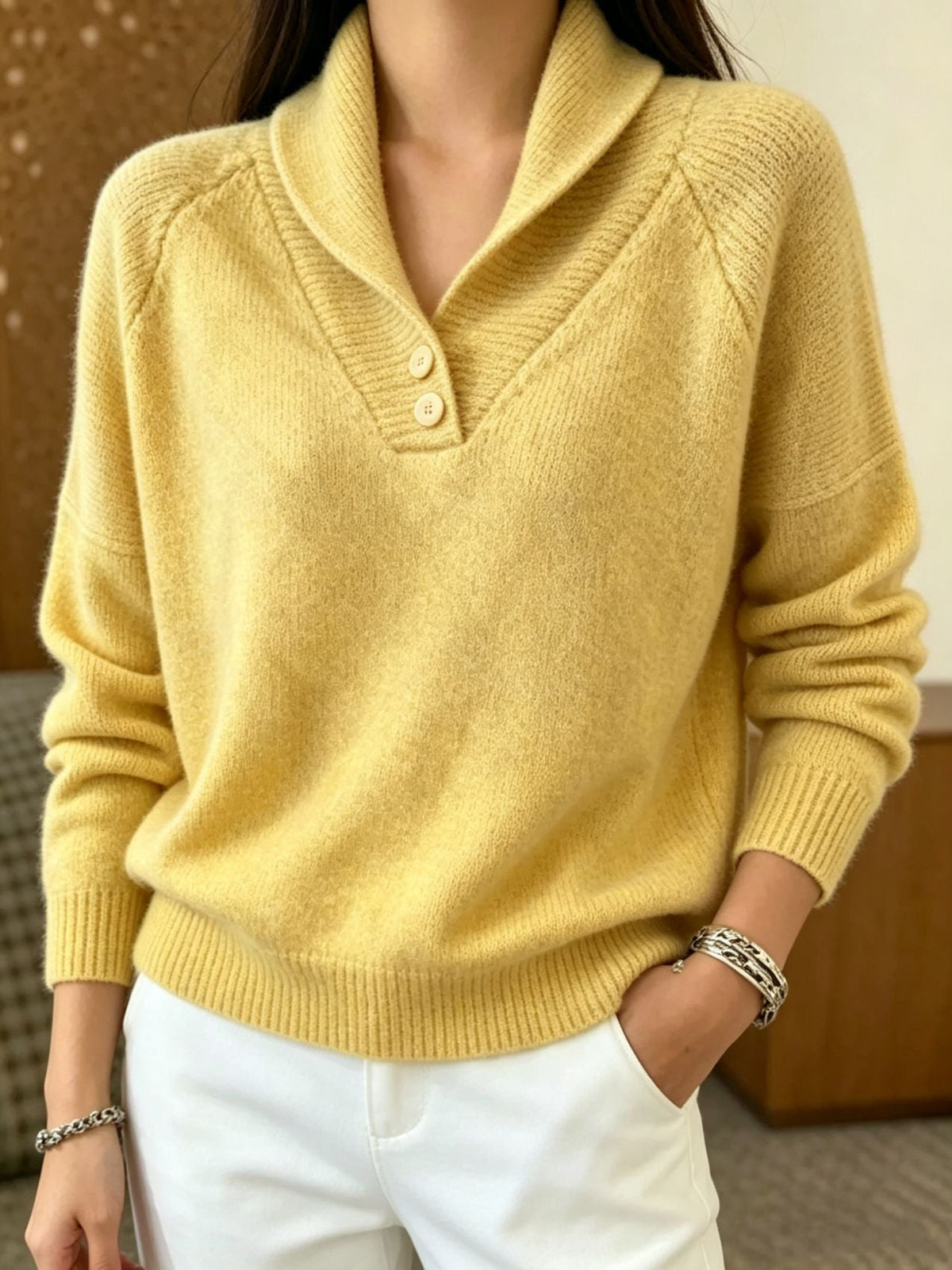 Damen Schalkragen Pullover mit Knöpfen - Weiches Strickoberteil