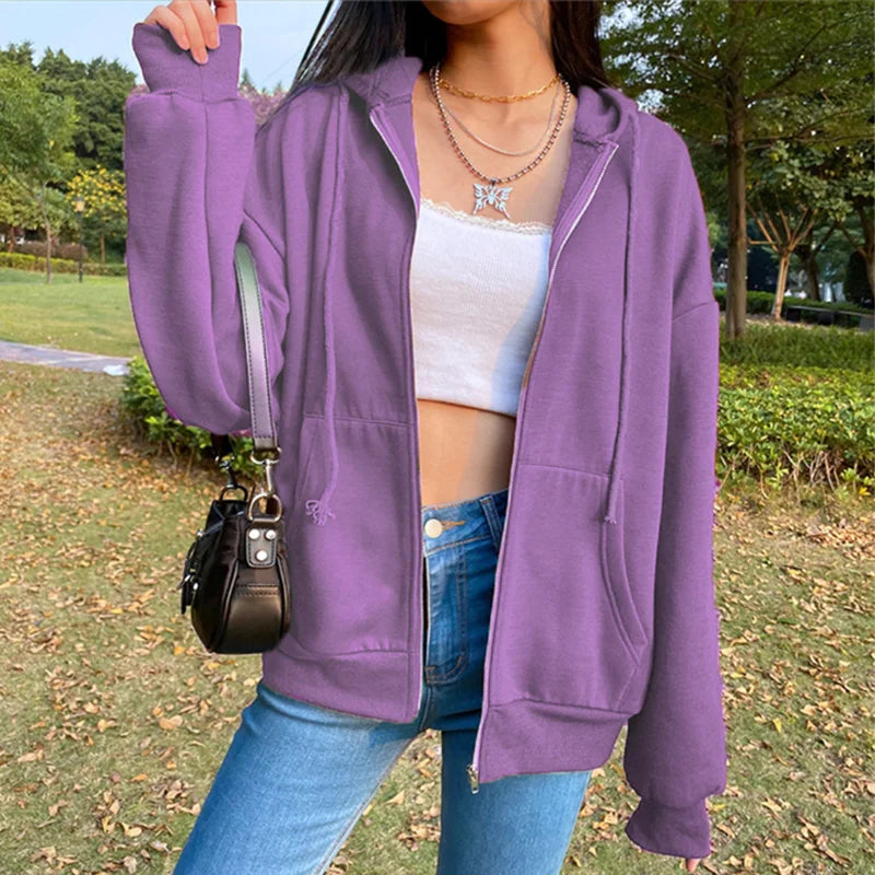 Damen Hoodie mit Reißverschluss & Kapuze - Langarm, Unifarben