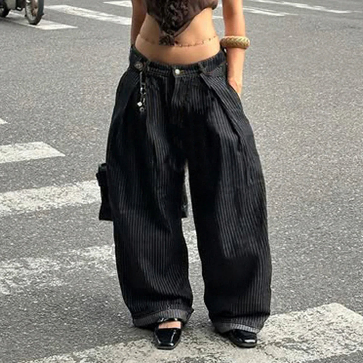 Damen Baggy Hose gestreift Schwarz weites Bein lockere Passform