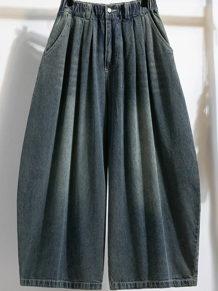 Loose Fit Jeans Damen Retro Wash Denim Hose mit weitem Bein und Gummibund