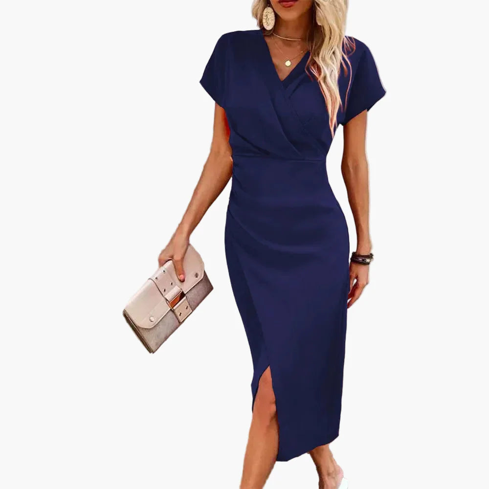 Damen Midikleid Elegant Wickeloptik V-Ausschnitt Business & Freizeit