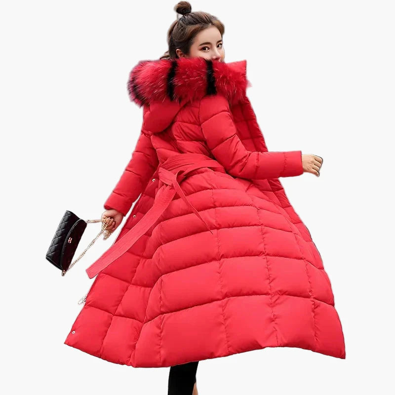 Damen Winter Steppmantel mit Kapuze und Fellkragen – Eleganter langer Mantel für Alltag & Freizeit, Koreanischer Stil