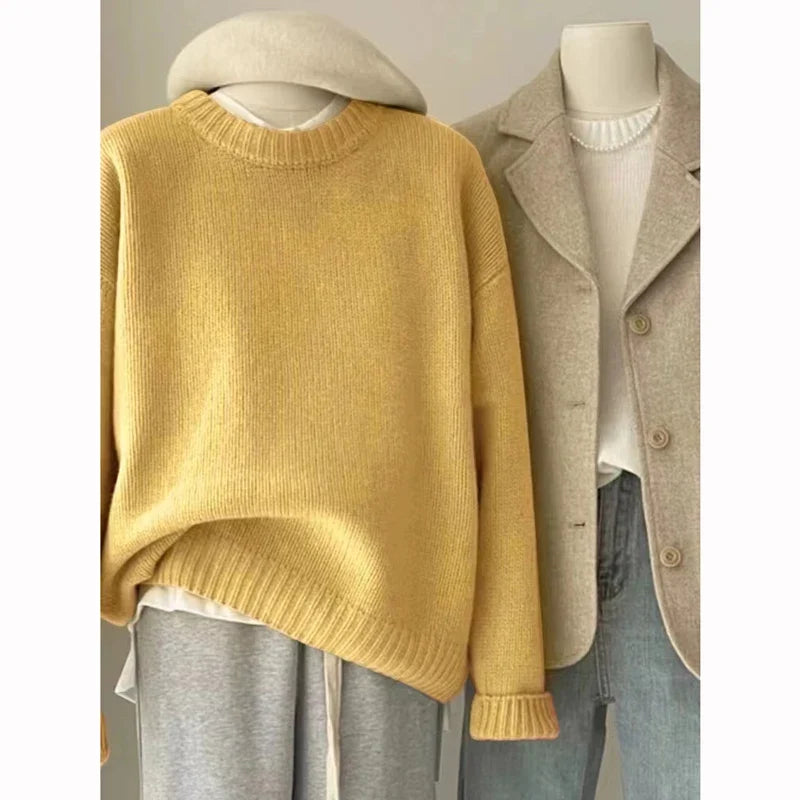 Damen Strickpullover Rundhals Rippstrick Oversize