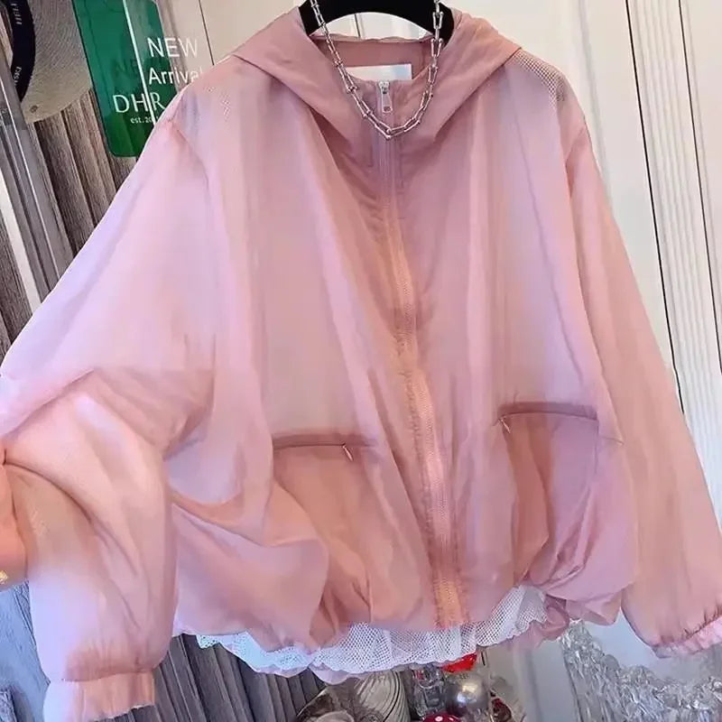 Damen Leichte Windbreaker Jacke mit Kapuze und Reißverschluss Rosa