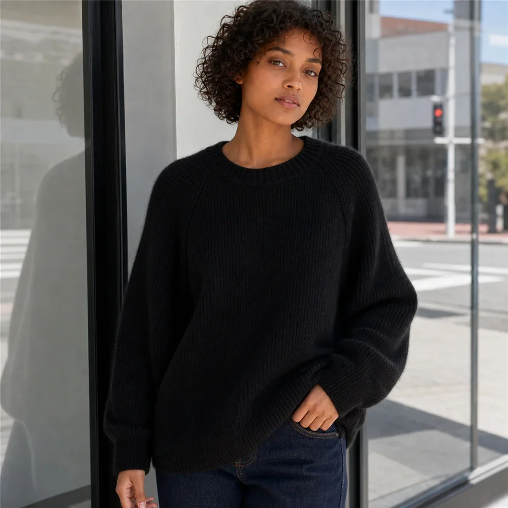 Damen Oversize Rippstrick Pullover Rundhals