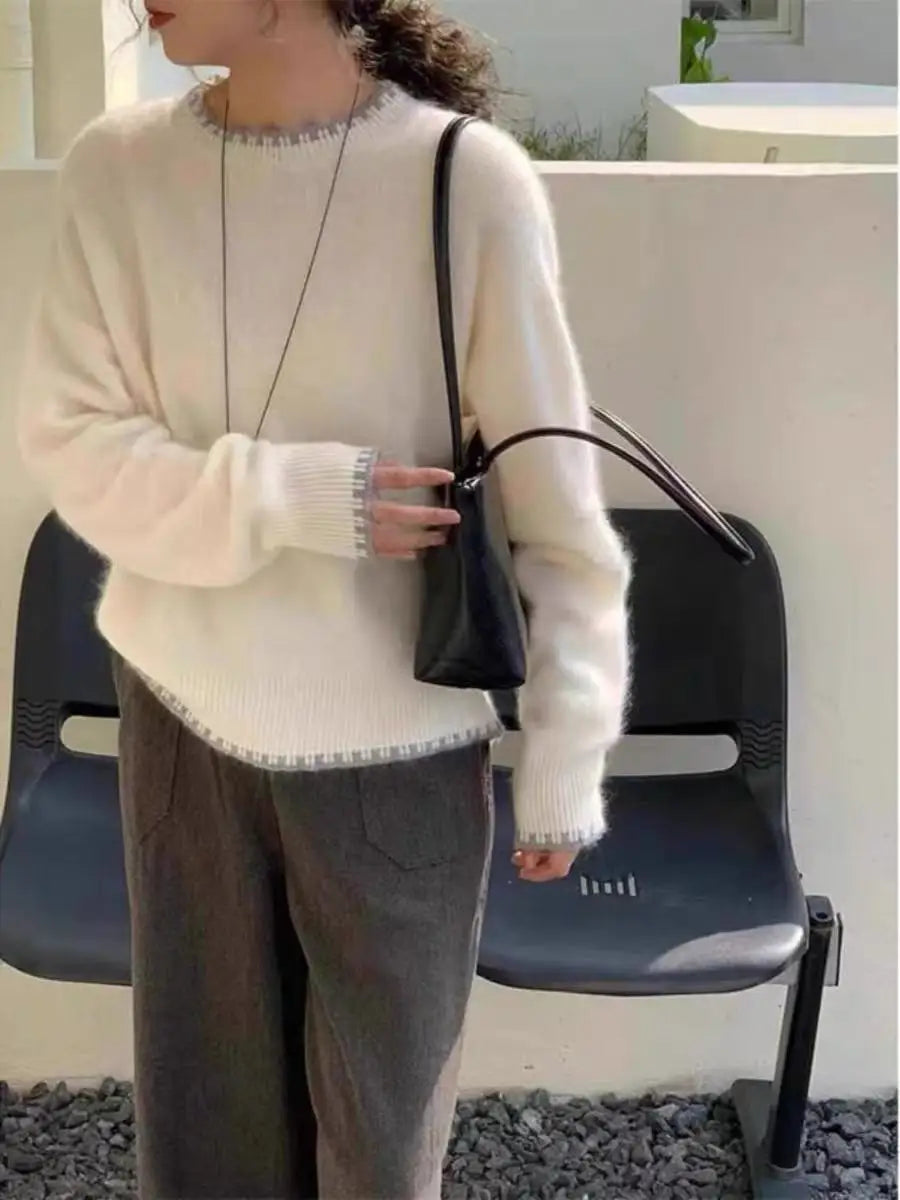 Damen Pullover Rundhals Langarm Strickpullover Weicher Stoff