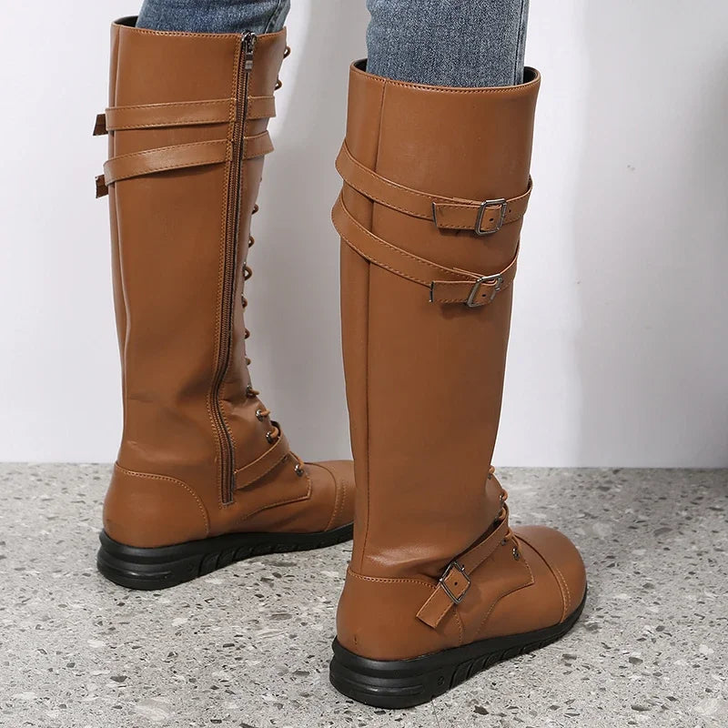 Damen Schnürstiefel mit Schnallen und Reißverschluss, Kniehoch, Braun