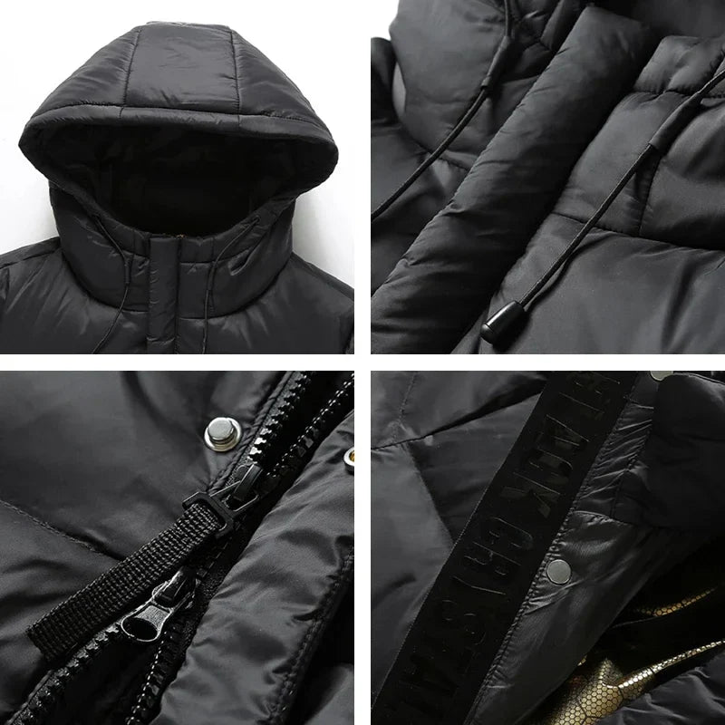 Langer Steppmantel mit Kapuze für Herren, Schwarz, Winter, Gefüttert