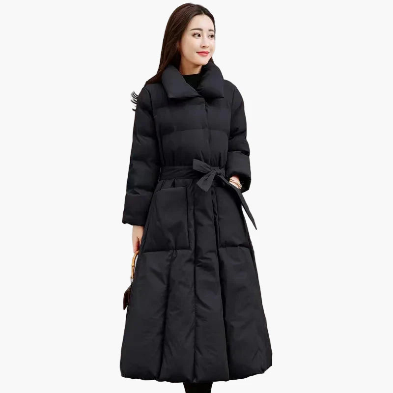 Damen Eleganter Winter Steppmantel Lang mit Gürtel – Modischer Outdoor Mantel für kalte Tage