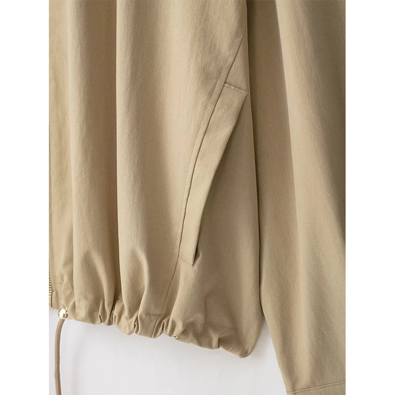 Damen Hoodiejacke Beige mit kariertem Futter