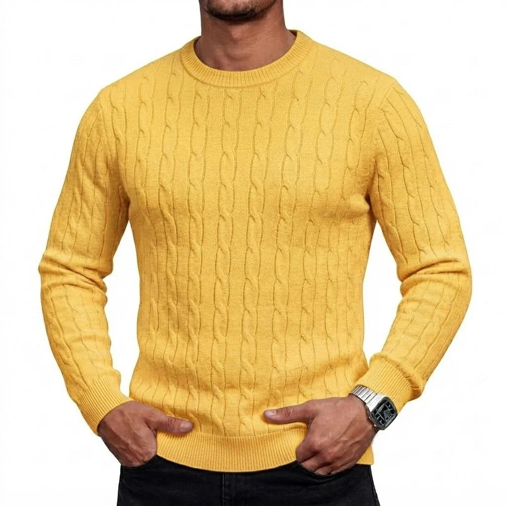 Herren Zopfmuster Pullover Rundhals Langarm Strickpullover Rippbündchen Slim Fit