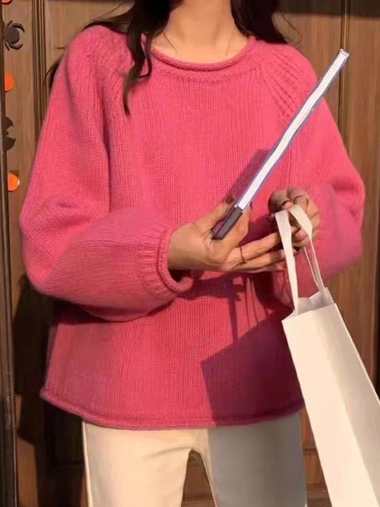 Damen Strickpullover Rundhals Oversize Raglanärmel