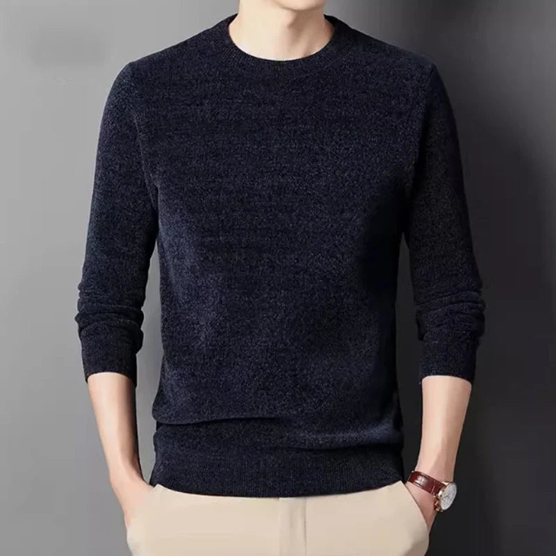 Herren Winter Pullover Rundhals Langarm Uni Farbe Warm gefüttert