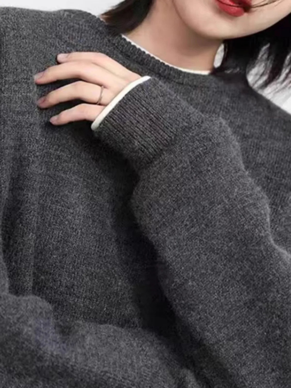 Damen Pullover Grau Rundhals Langarm Strick