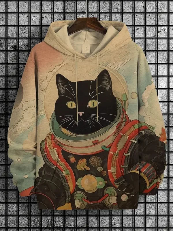 Hoodie mit Katzen-Print Kampfkunst-Motiv Beige Unisex Kapuzenpullover Kängurutasche