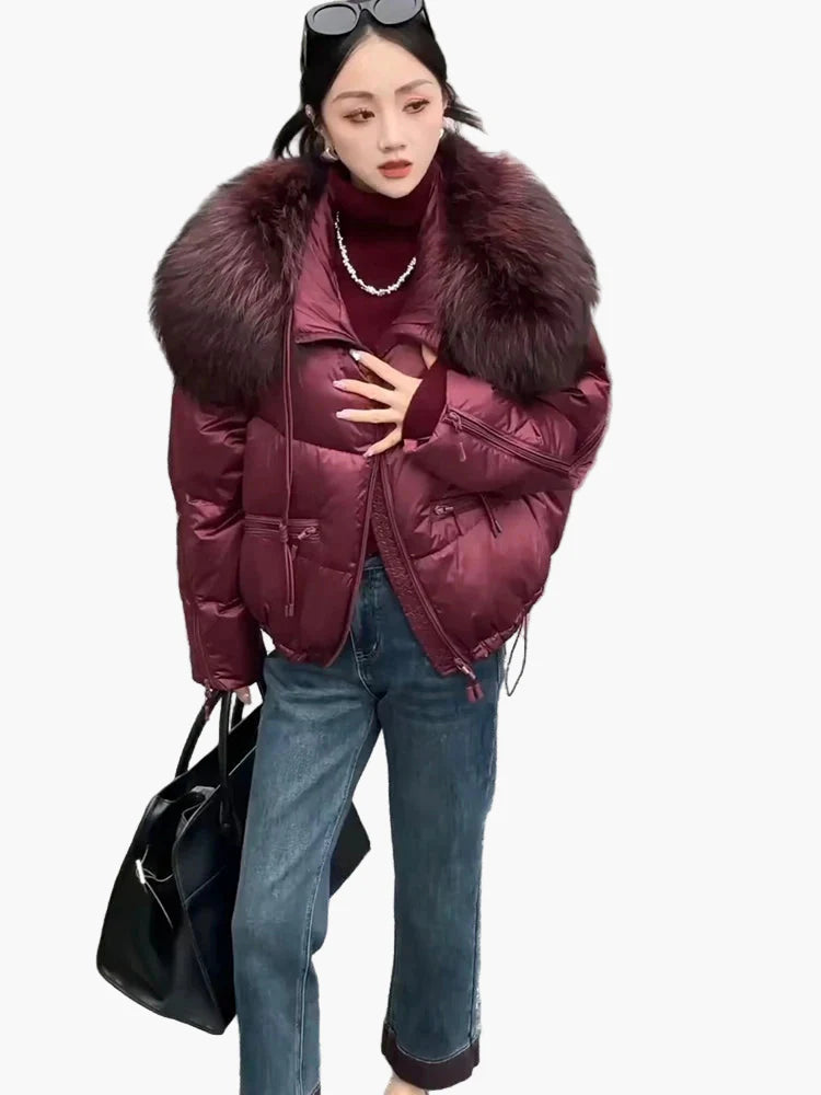 Damen Winter Daunenjacke mit Kapuze und Fellkragen – Modische warme Outdoorjacke