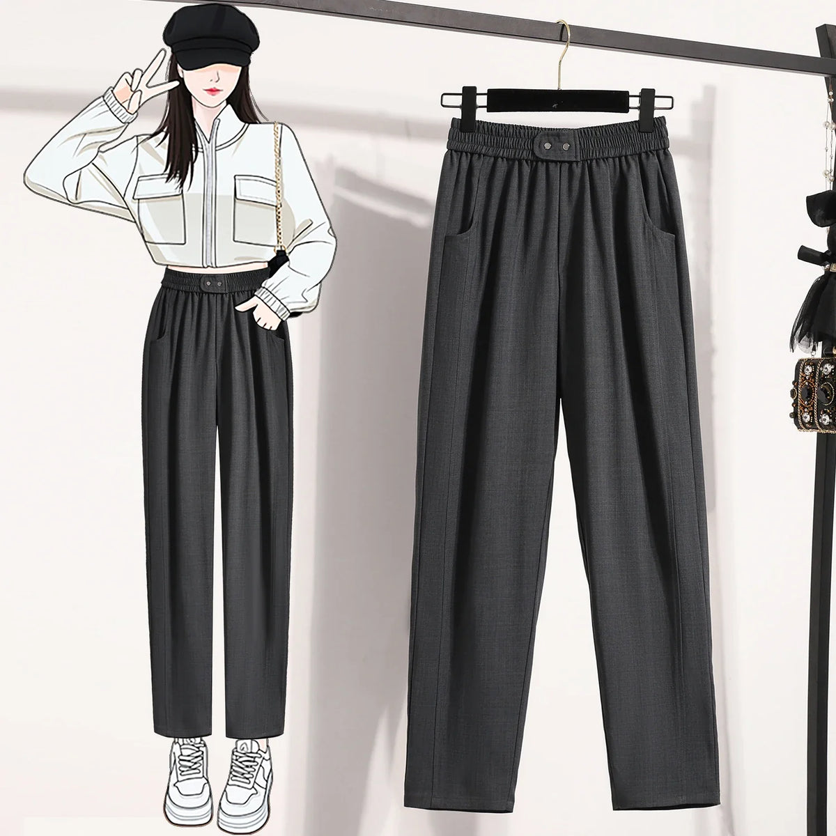 Damen Hose mit elastischem Bund, weitem Bein und Taschen